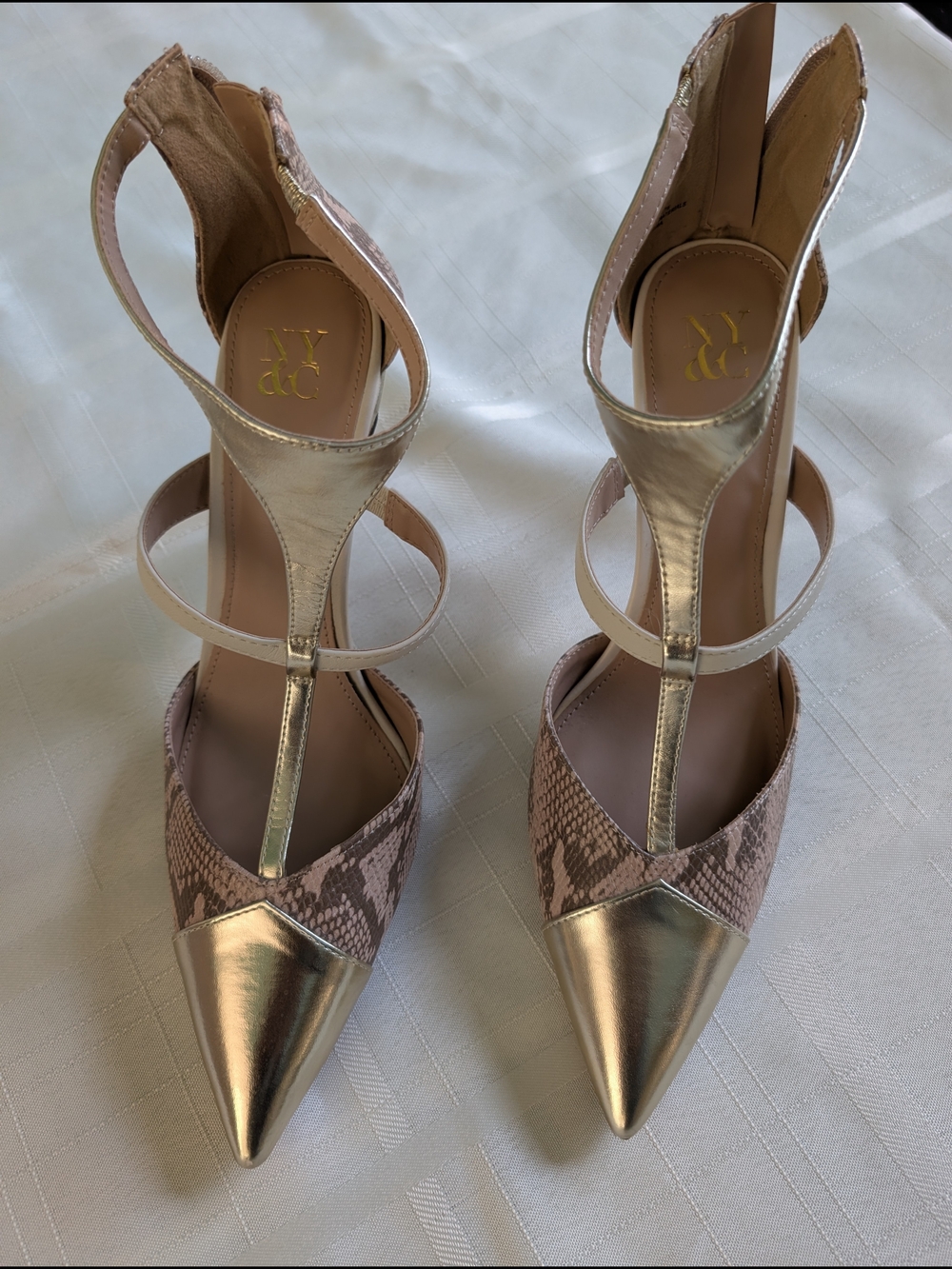 New York & Company Rose Gold Pointed T-Strap Heels with Snakeskin Detail